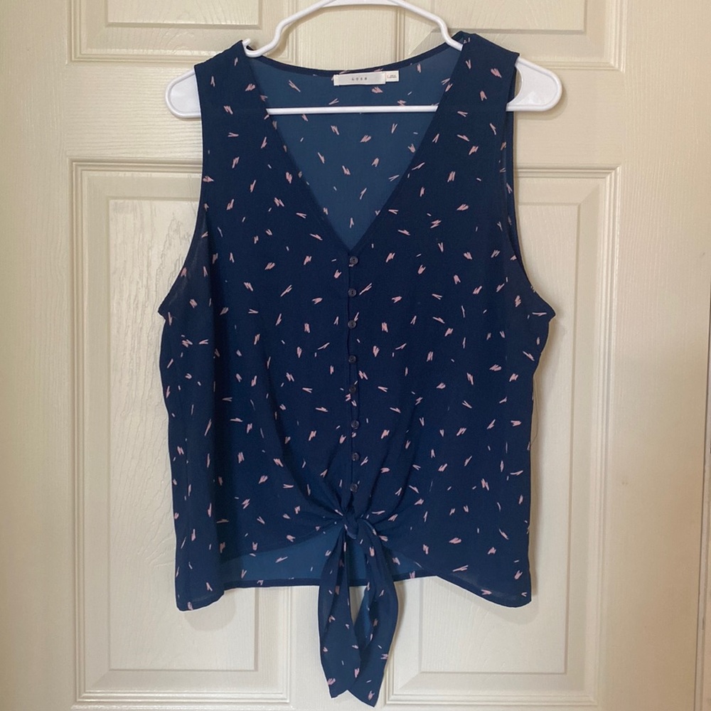 Lush navy and pink tank with buttons and tie-front